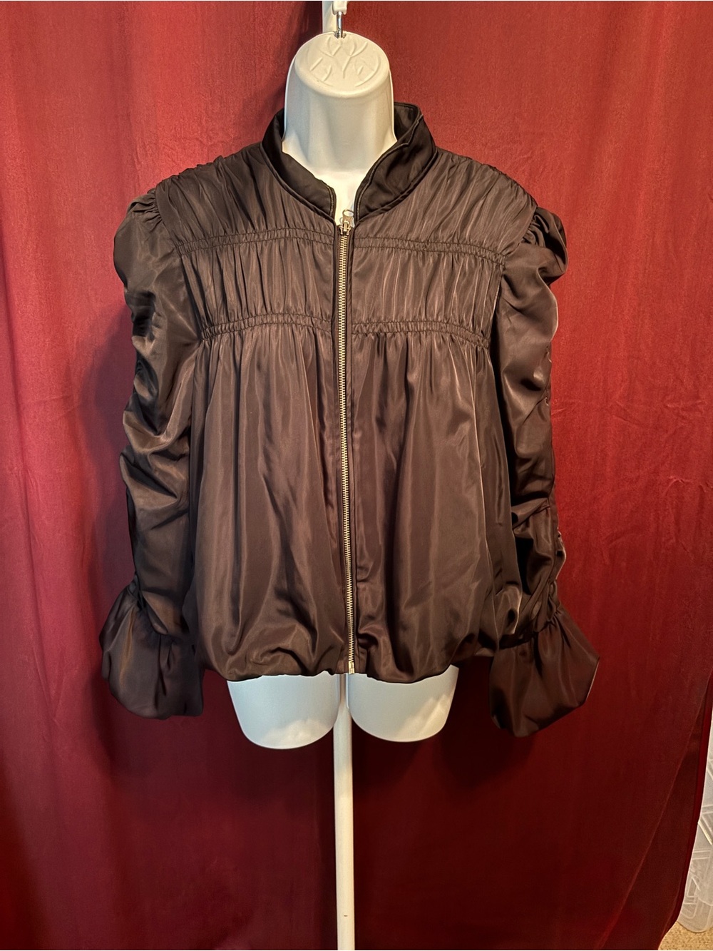 Anthropologie Ruched Jacket Black Satin Bomber Jacket